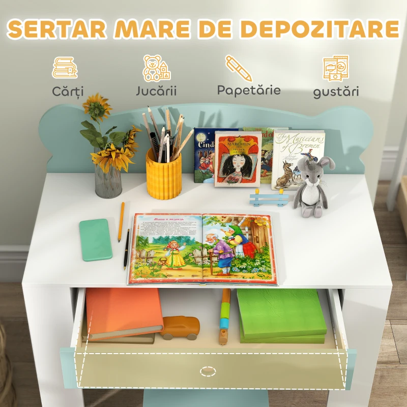 AIYAPLAY Set Birou cu Sertar și Scaun Ursuleț pentru Copii 3-8 Ani Verde