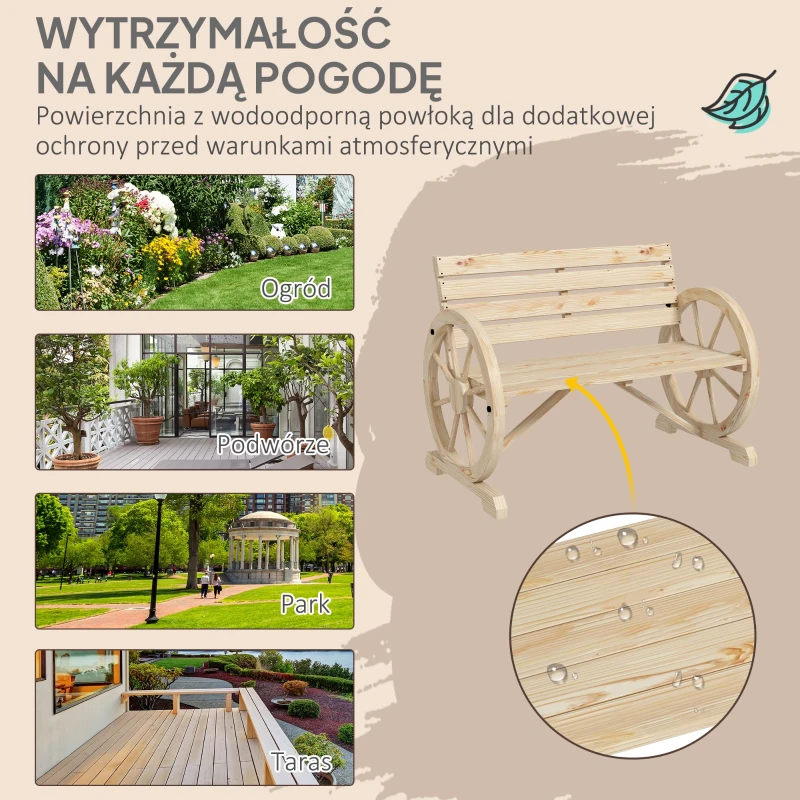 Outsunny Ława ogrodowa, Design z kołami wozu, dla 2 osób, Drewno świerkowe, ciemnobrązowe, 105,5 x 56 x 79 cm, Naturalne
