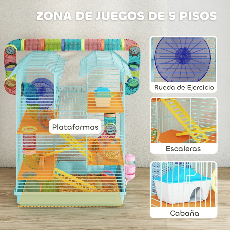 PawHut Jaula para Hámster de Múltiples Niveles con Tubos Plataformas Comedero Bebedero Casita Rueda Escaleras 47x30x59 cm Azul