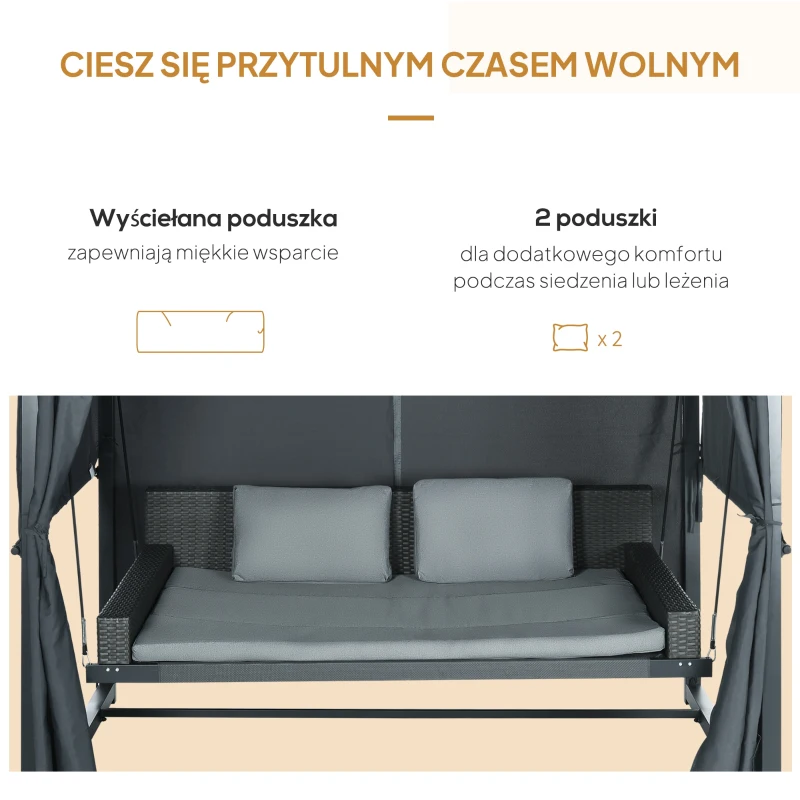 Outsunny Zewnętrzne łóżko huśtawkowe z PE rattanu z baldachimem, w zestawie z poduszkami, odporna na warunki atmosferyczne, 235 cm x 180 cm x 210 cm, Szary