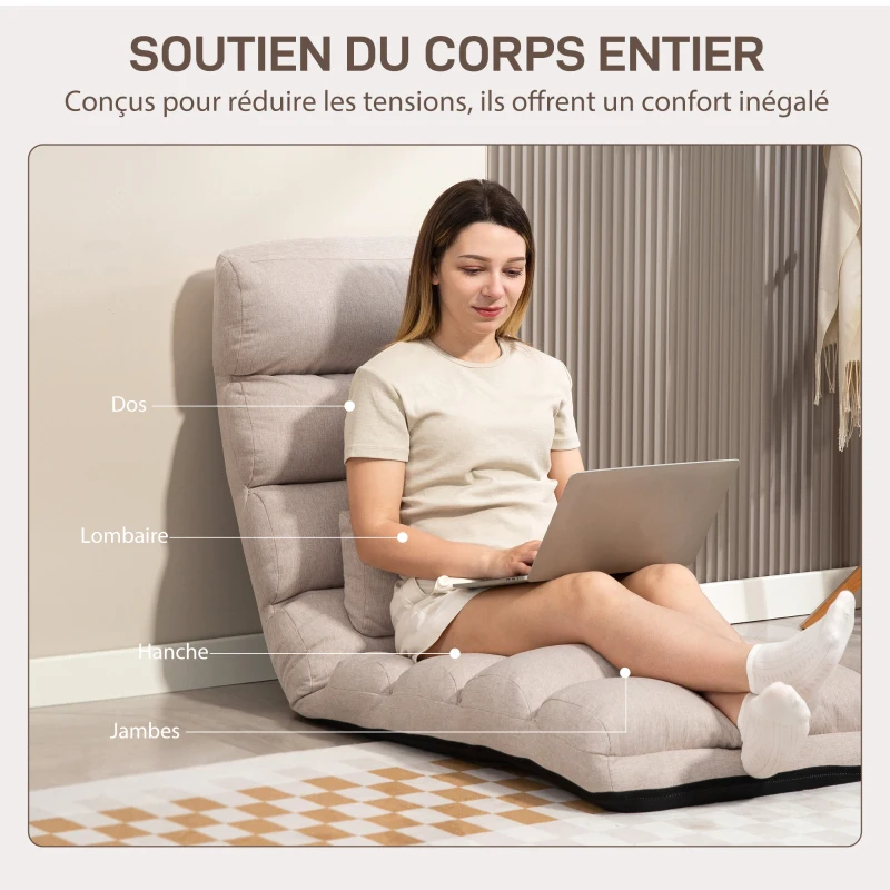 HOMCOM Chauffeuse 1 place fauteuil convertible avec dossier et appui-tête réglables sur 5 positions, 58x119x78cm, beige(m-6)