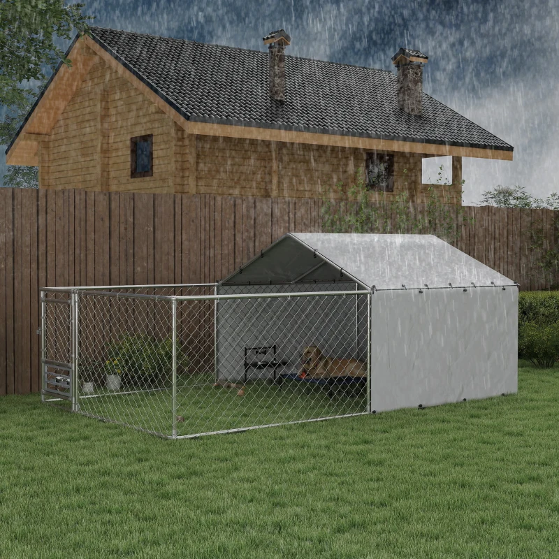 PawHut Recinto per Cani con Coperture e Ciotole Girevoli, in Acciaio e tessuto Oxford, 4x2.3x1.5 m, Argento