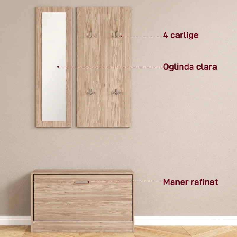 HOMCOM Set Mobilier Hol cu Bancă Pantofar, Cuier și Oglindă din Lemn