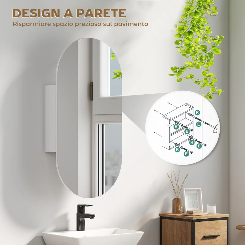 HOMCOM Specchio Bagno Ovale Moderno con Armadietto e Due Ripiani, 45x90 cm, Bianco