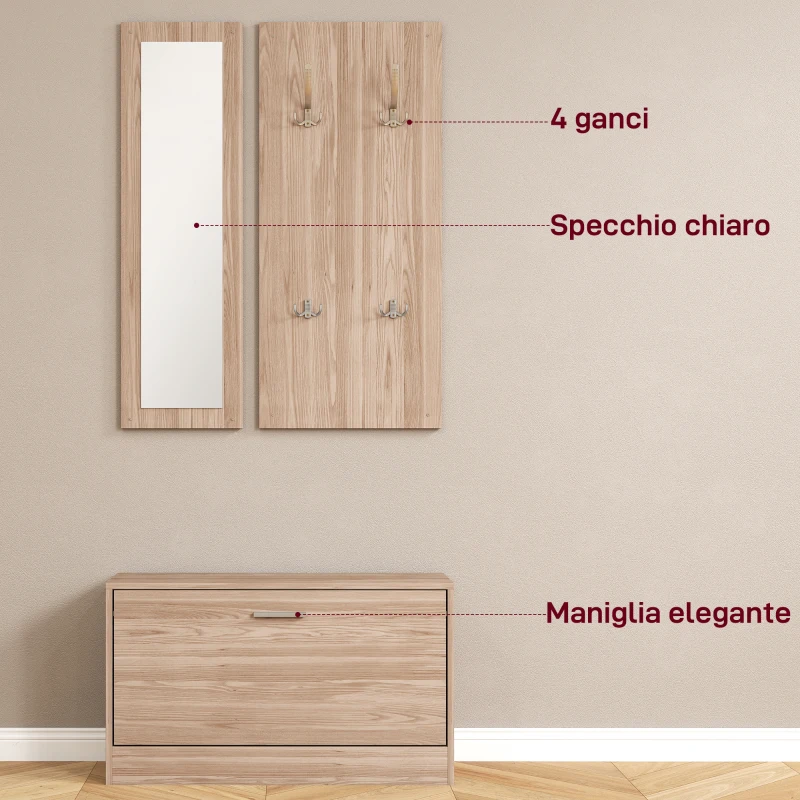 HOMCOM Set Mobili da Ingresso con Panca Scarpiera, Appendiabiti a Muro e Specchio, 80x27x46.5 cm, Marrone Scuro