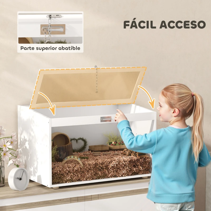 PawHut Jaula para Hámster Casa para Animales Pequeños con Tapa Abatible y Ventana de Acrílico Transparente 80x50x50 cm Blanco