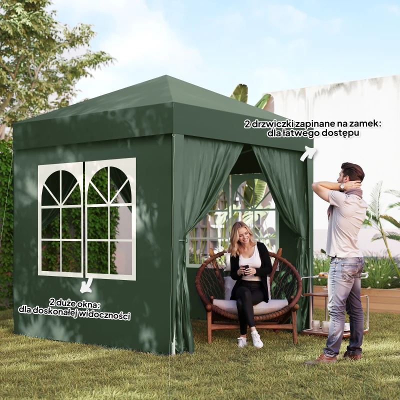 Outsunny Pawilon Składany, Pawilon Grzewczy, 4 Odłączne Boczne Ściany, 2 Okna, Stalowy Stelaż, 2 x 2m, Ciemnozielony