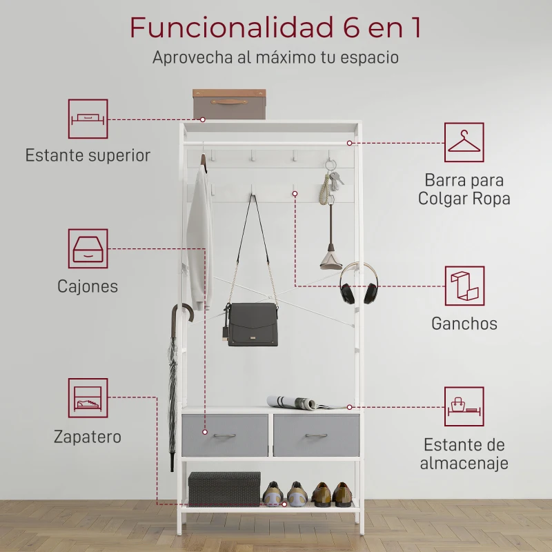 HOMCOM Perchero Zapatero con Zapatero Ganchos Cajones Barra y Eatante para Entrada Pasillo Salón 80x30x180,5 cm Blanco