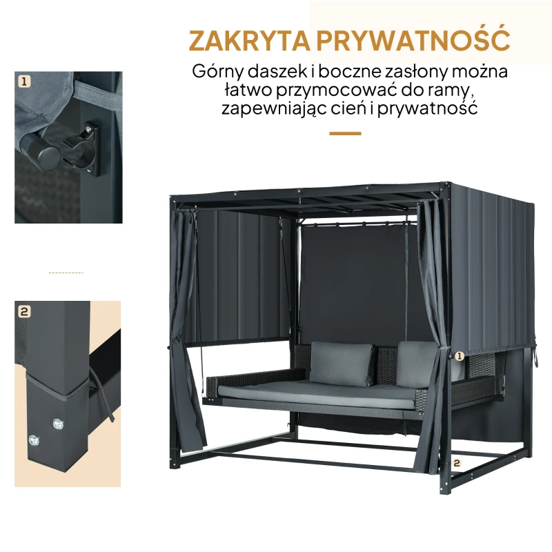 Outsunny Zewnętrzne łóżko huśtawkowe z PE rattanu z baldachimem, w zestawie z poduszkami, odporna na warunki atmosferyczne, 235 cm x 180 cm x 210 cm, Szary
