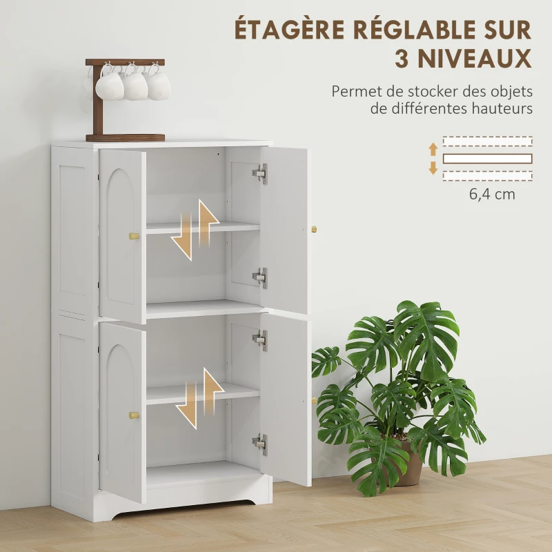 HOMCOM Buffet cuisine, meuble cuisine rangement avec 4 portes cintrées et 2 étagères réglables, 60 x 30 x 110 cm, blanc