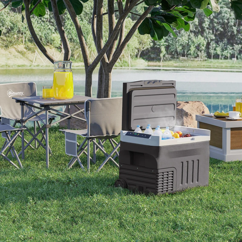 Outsunny Frigo Portatile da 30 Litri con Compressore, Frigorifero Elettrico con LED, Modalità ECO, Connessione e Funzione di Mantenimento del Freddo, Nero