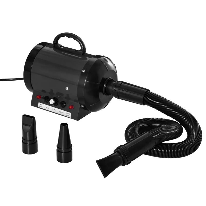 PawHut Secador de Pelo para Perros 2800W Secador para Mascotas con Temperatura y Velocidad del Viento Ajustable 3 Boquillas Tubo Flexible 2,1 m y Asa Portátil 40x16x20 cm Negro
