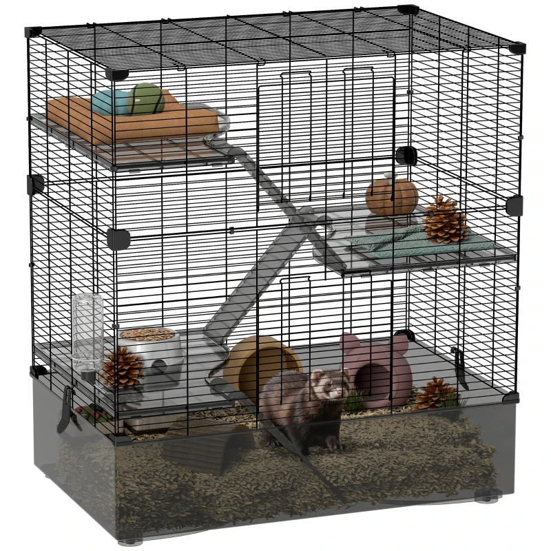 PawHut Jaula para Animales Pequeños con Múltiples Niveles Bandeja y Accesorios Incluidos 73x47x80 cm Negro