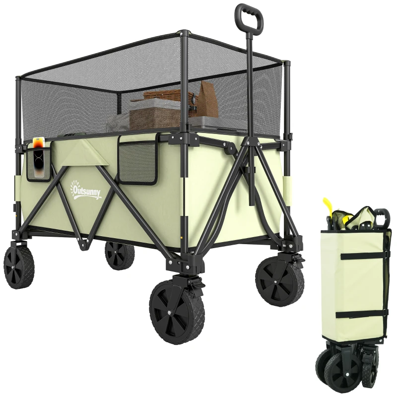 Outsunny Carrinho de Transporte Dobrável 180 L com Guiador Ajustável e Laterais Extensíveis Carga 120 kg para Jardim Praia Cáqui