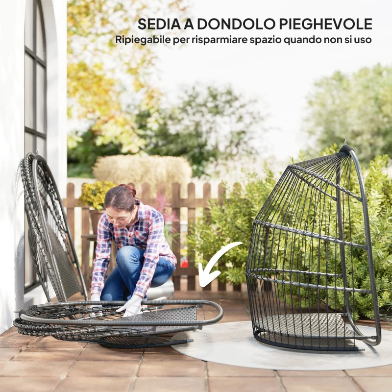 Outsunny Sedia Sospesa a Dondolo Pieghevole da Interno ed Esterno con Cuscino e Poggiatesta, Grigio Scuro
