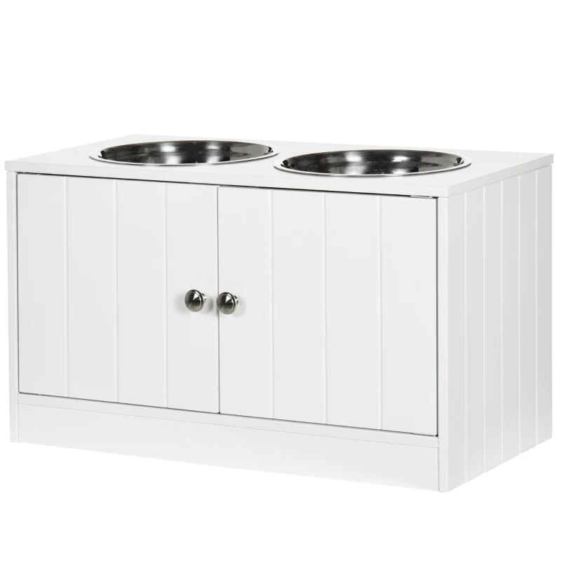 PawHut Comedero Elevado para Perros Grandes con 2 Cuencos de 2000ml y Almacenamiento Oculto 60x30x35,5 cm Blanco