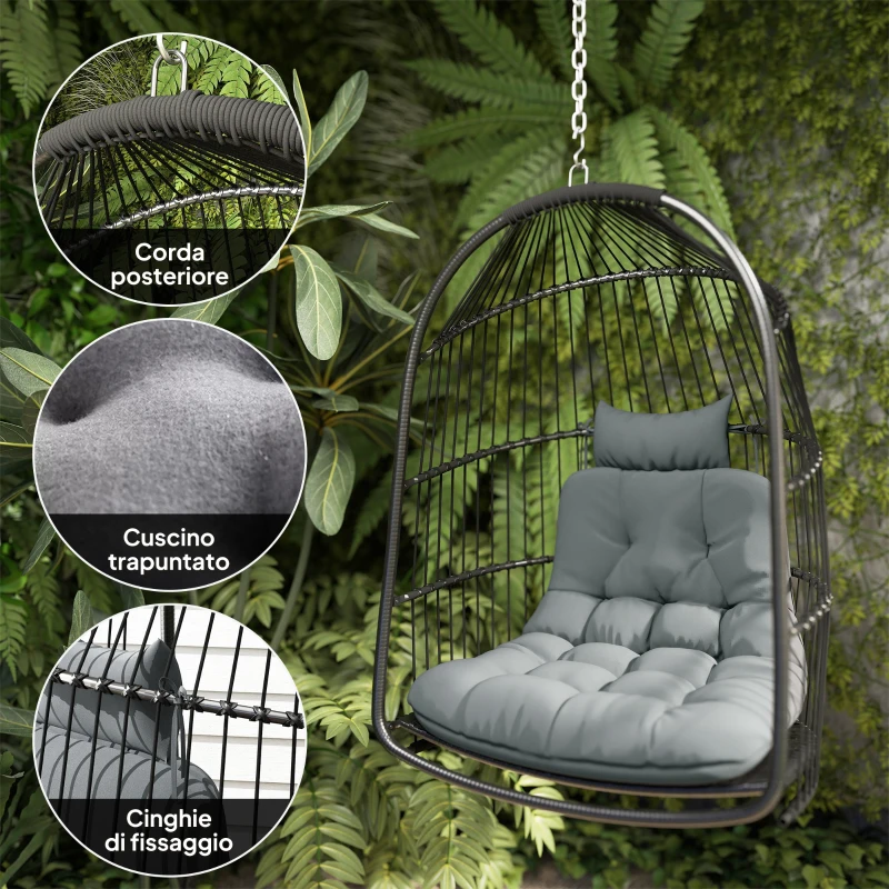 Outsunny Sedia Sospesa a Dondolo Pieghevole da Interno ed Esterno con Cuscino e Poggiatesta, Grigio Scuro