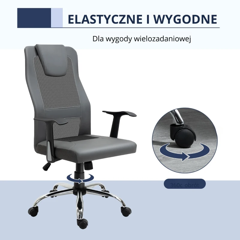 Vinsetto Ergonomiczne krzesło biurowe Biurowe krzesło obrotowe Wygodne i miękkie Szara sztuczna skóra Metalowa podstawa