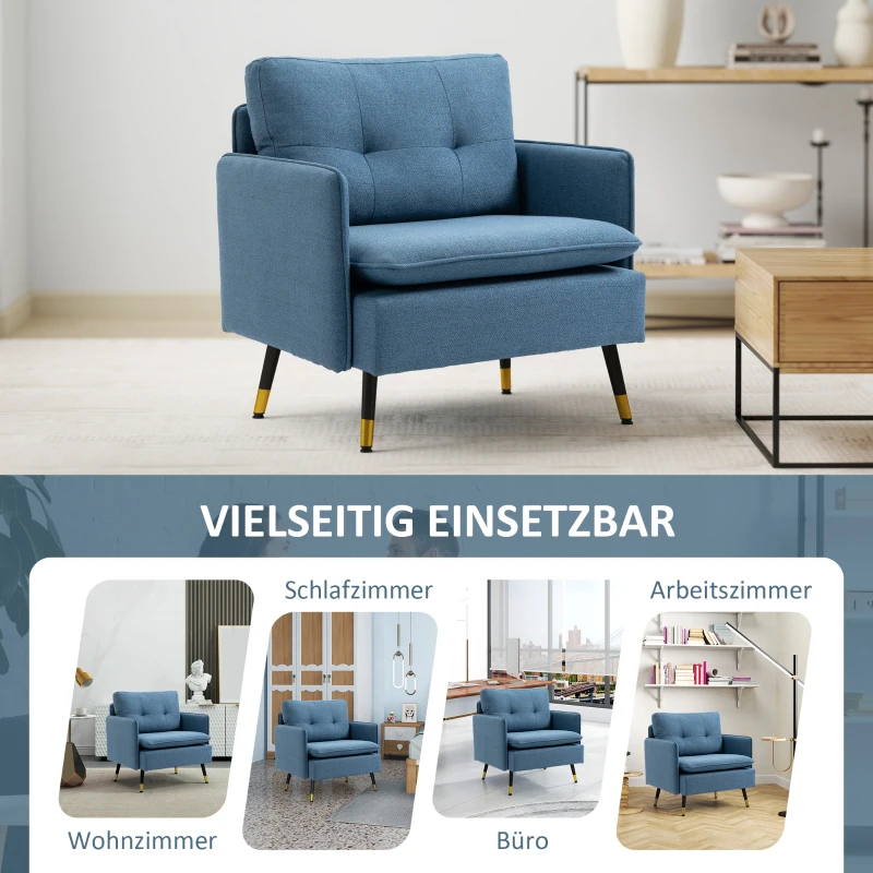 HOMCOM Akzentsessel mit Knopfheftung, Polstersessel, abnehmbare Polster, Schwarz + Gold + Blau