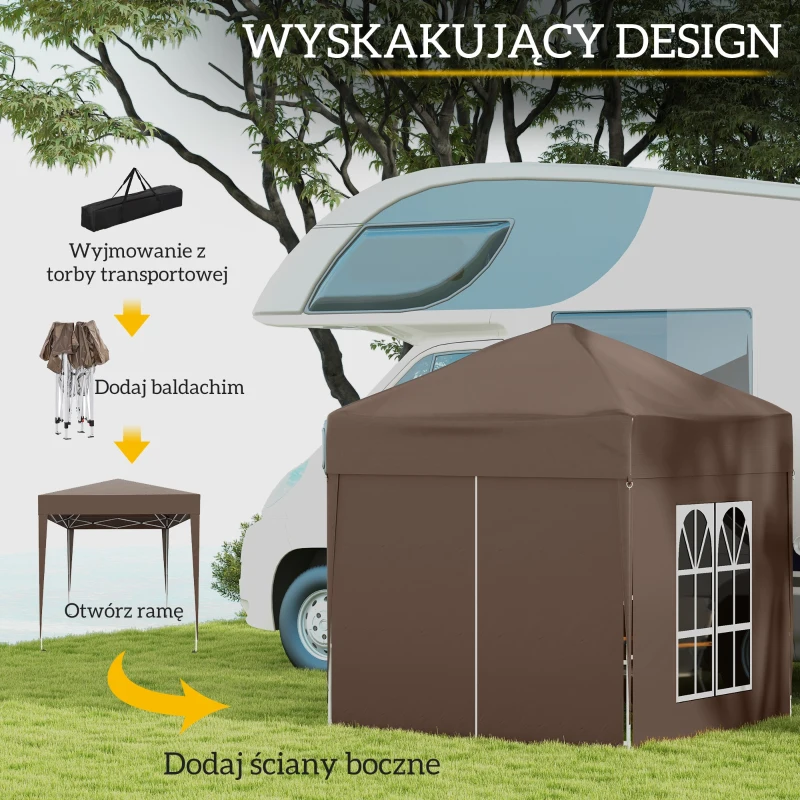 Outsunny Pawilon składany, Bierzelt, 4 zdejmowalne ściany boczne, 2 okna, Stalowa rama, 2 x 2m, Brązowy