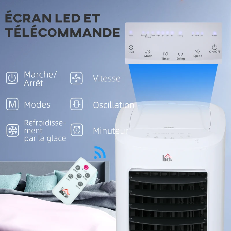 HOMCOM Refroidisseur d'air par évaporation portable 3 en 1 avec oscillation automatique, minuterie 7,5 heures, télécommande