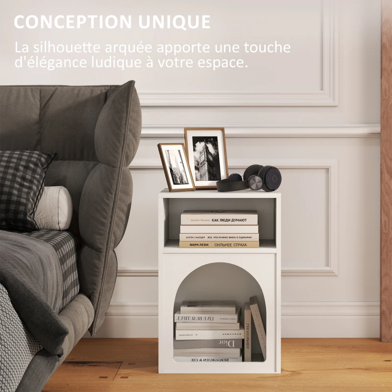 HOMCOM Lot de 2 tables de chevet, table de nuit avec compartiments ouverts, design arqué, 40 x 30 x 60 cm, blanc