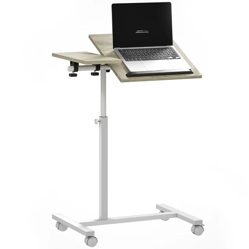 HOMCOM Mesa Auxiliar con Ruedas Altura Ajustable Superficie Inclinable y Marco de Metal 57x40x67,5-101 cm Roble y Blanco