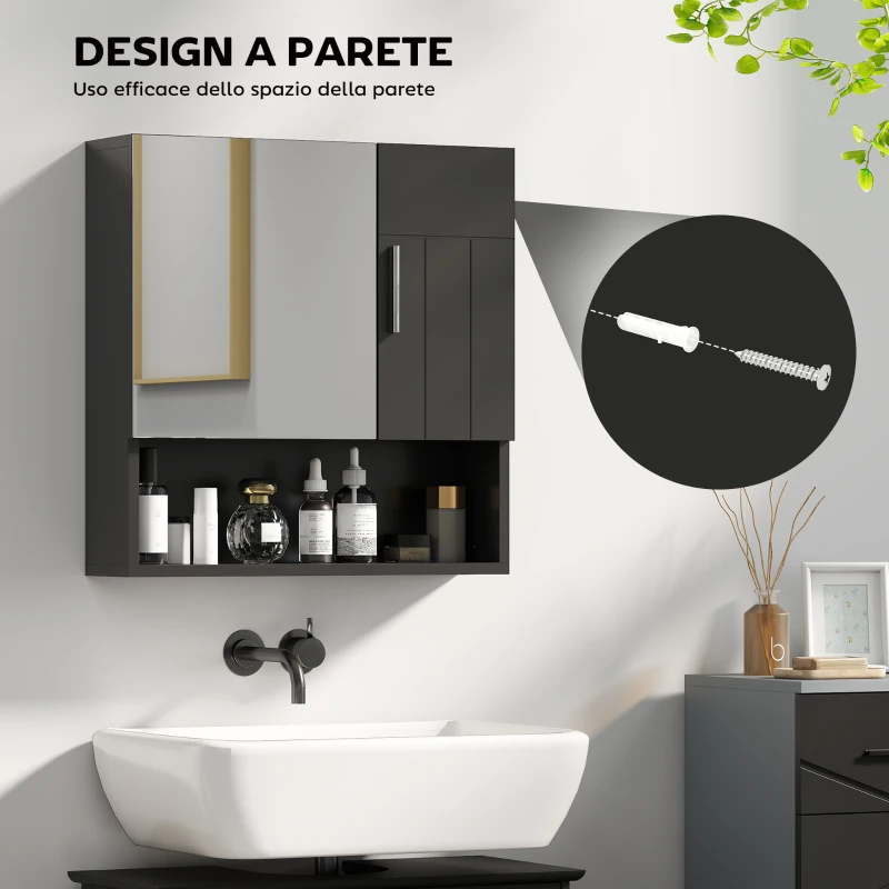 kleankin Armadietto Specchiera Bagno in Legno con Mensole Regolabili e Ripiano Aperto, 54x15.2x55.3 cm, Nero