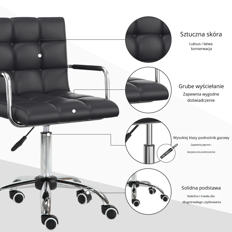 HOMCOM Krzesło biurowe w stylu retro, regulowana wysokość, 5 kółek, 52,5 cm x 54 cm x 99 cm, Czarny