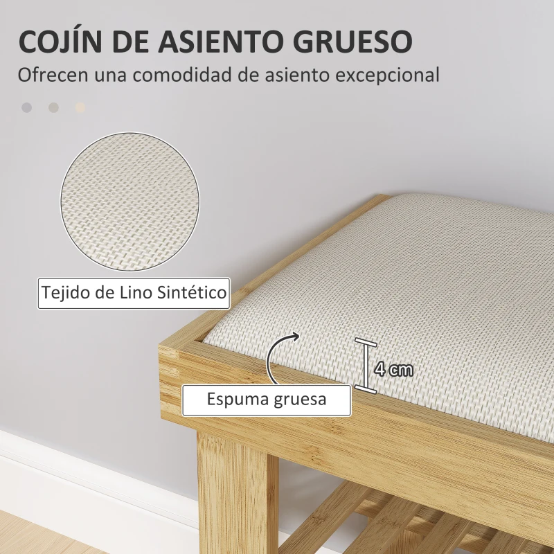 HOMCOM Banco Zapatero de Bambú con Cojín Zapatero de 2 Niveles para Entrada Pasillo o Dormitorio 60x29x49 cm Crema
