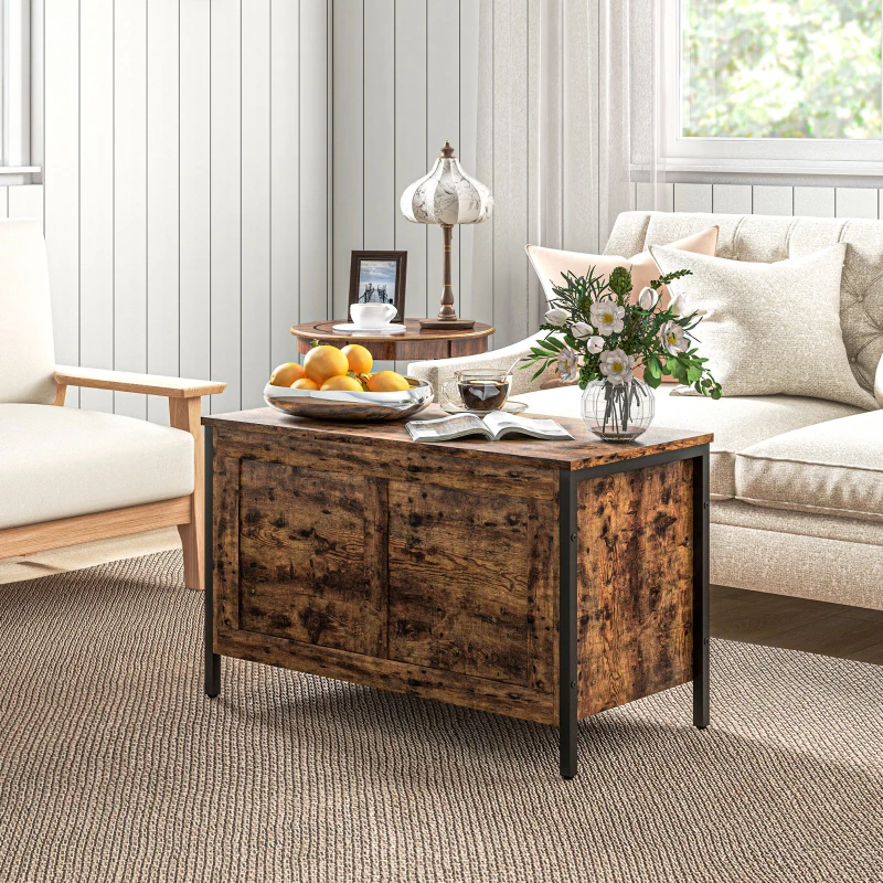 HOMCOM Cassapanca in Legno da 95L Stile Industriale con Coperchio e Cerniera di Sicurezza, 80x40x49cm, Marrone
