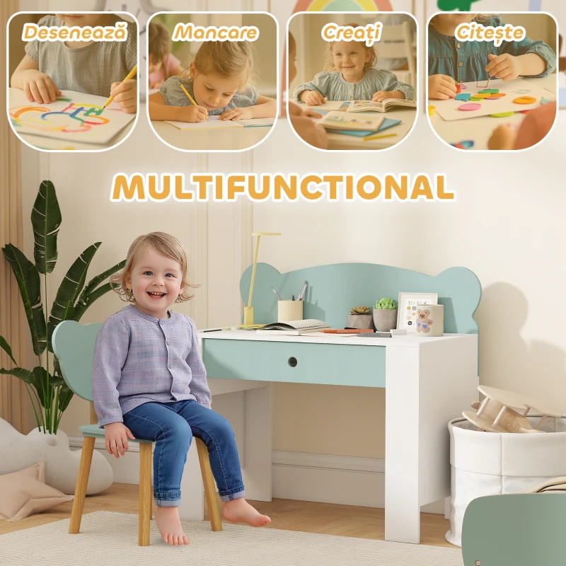 AIYAPLAY Set Birou cu Sertar și Scaun Ursuleț pentru Copii 3-8 Ani Verde