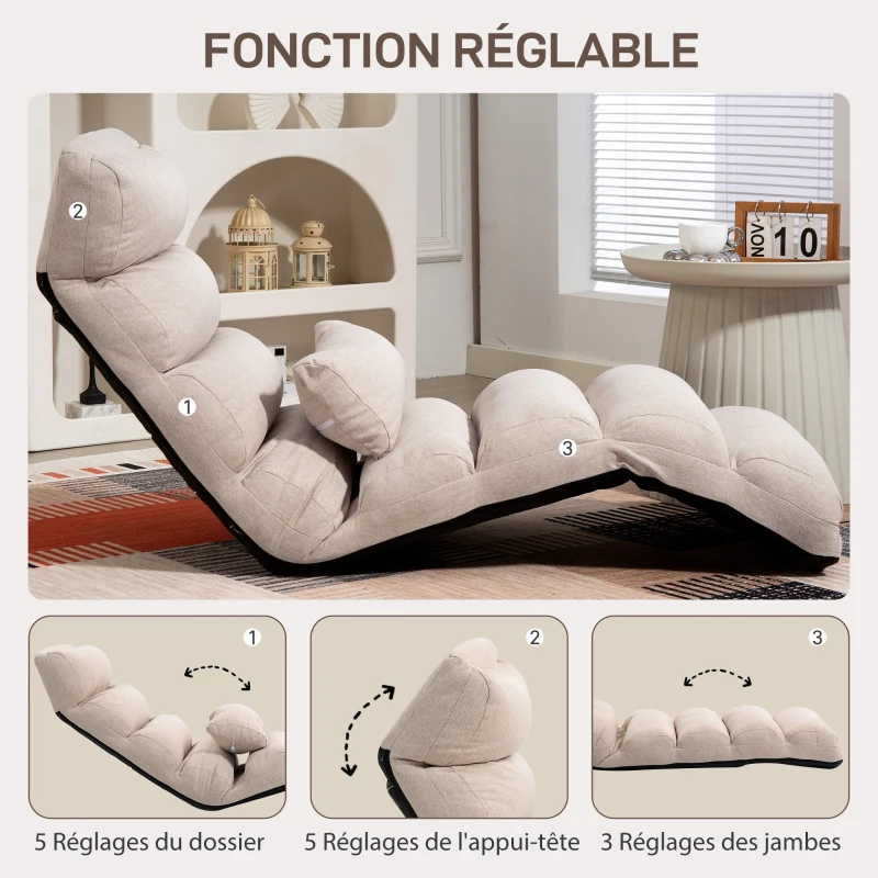 HOMCOM Chauffeuse 1 place fauteuil convertible avec dossier et appui-tête réglables sur 5 positions, 58x119x78cm, beige(m-4)