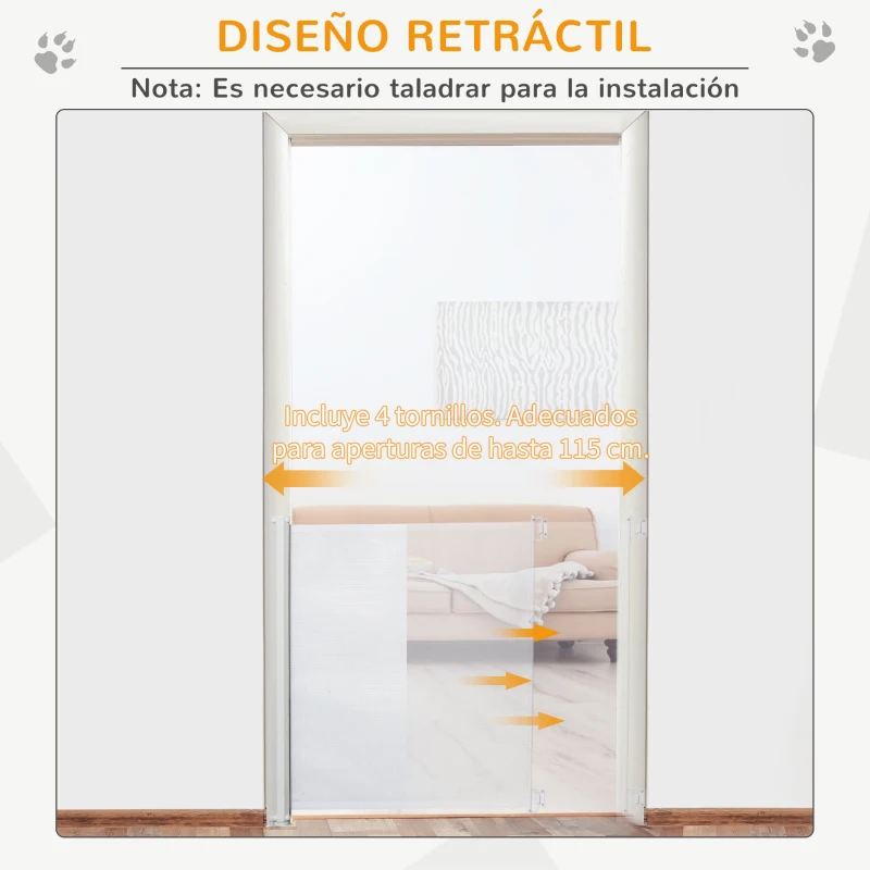 PawHut Puerta para Perros Plegable con Ancho Ajustable 5,5-115 cm Barrera de Seguridad para Perros Retráctil con Asa Blanco