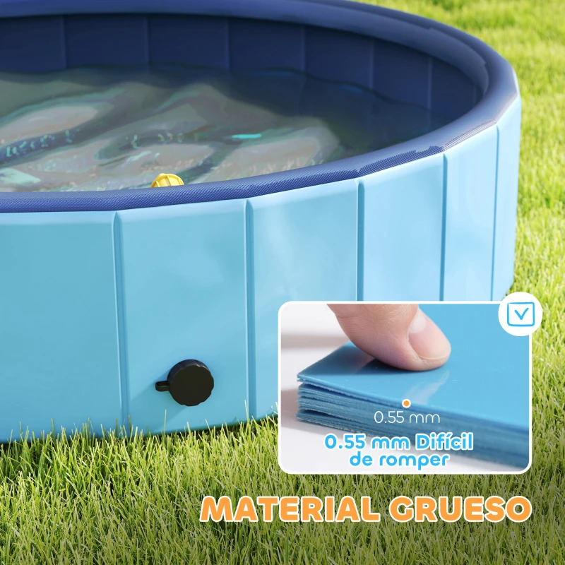 PawHut Piscina para Perros Medianos y Pequeños Plegable con Aspersor de PVC Antideslizante Resistente Ø100x30 cm Azul Claro