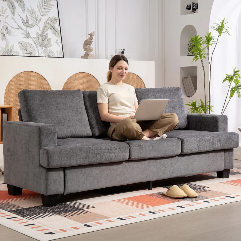 HOMCOM Sofá de 3 Plazas Tapizado en Chenilla Acolchado Grueso Estructura de Acero Diseño Moderno 213x82x90 cm Gris
