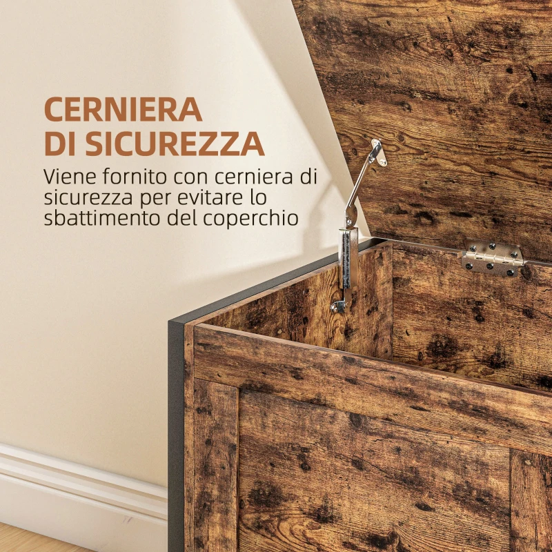 HOMCOM Cassapanca in Legno da 95L Stile Industriale con Coperchio e Cerniera di Sicurezza, 80x40x49cm, Marrone