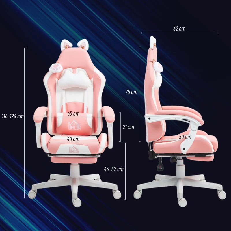 HOMCOM Cadeira Gaming com Orelhas Cadeira Gamer Reclinável com Altura Ajustável e Suporte Lombar 65x62x116-124 cm Rosa e Branco