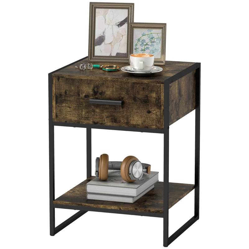 HOMCOM Modern Bedside Table - Rustic Brown