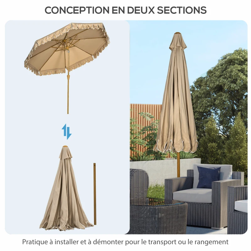 Outsunny Parasol inclinable rond Ø 264 cm avec volants tissu polyester haute densité anti-UV mât démontable 8 baleines - kaki