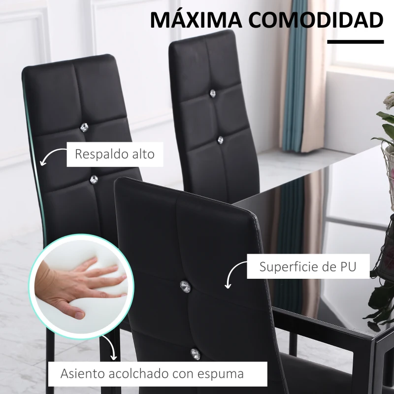 HOMCOM Juego de 6 Sillas de Comedor Tapizada en PU con Respaldo Alto con Botones y Patas de Acero Diseño Moderno Negro