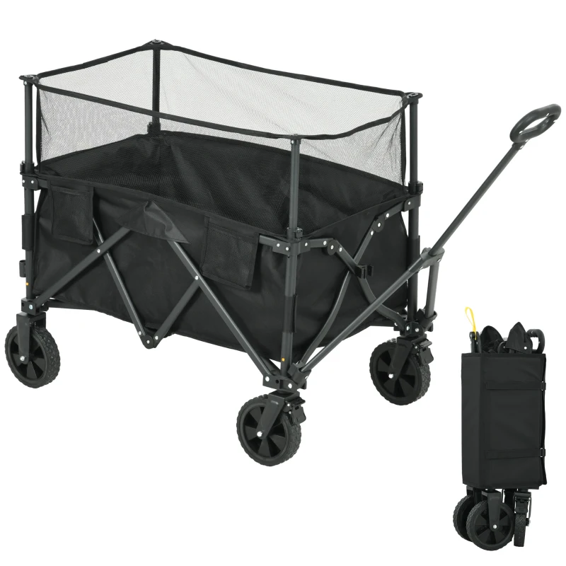 Outsunny Folding Garden Trolley, 180L Wagon Cart with Extendable Side Walls, for Beach, Camping, Festival, Black