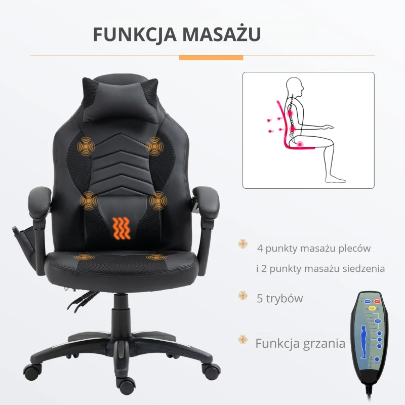 HOMCOM krzesło biurowe krzesło obrotowe, fotel do masażu, z funkcją masażu, z funkcją ogrzewania
