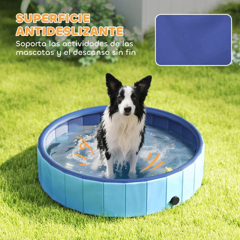 PawHut Piscina para Perros Medianos y Pequeños Plegable con Aspersor de PVC Antideslizante Resistente Ø100x30 cm Azul Claro
