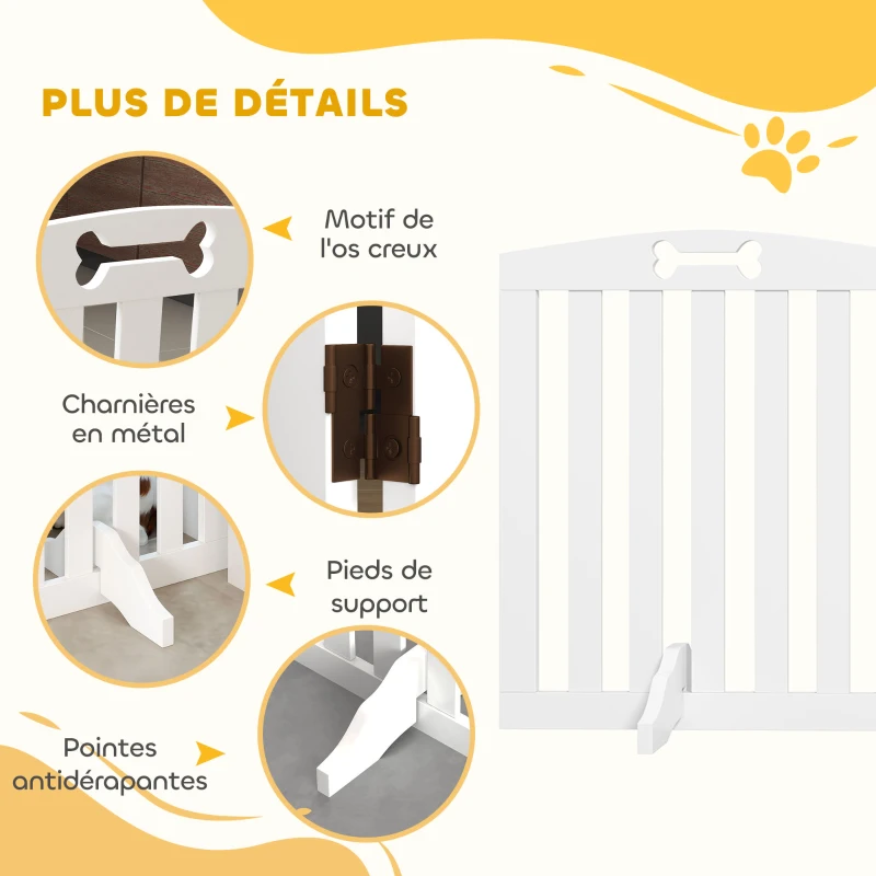 PawHut Barrière de sécurité chien barrière pliable pour chien pieds de support pointes antidérapantes 155 x 30 x 61 cm blanc