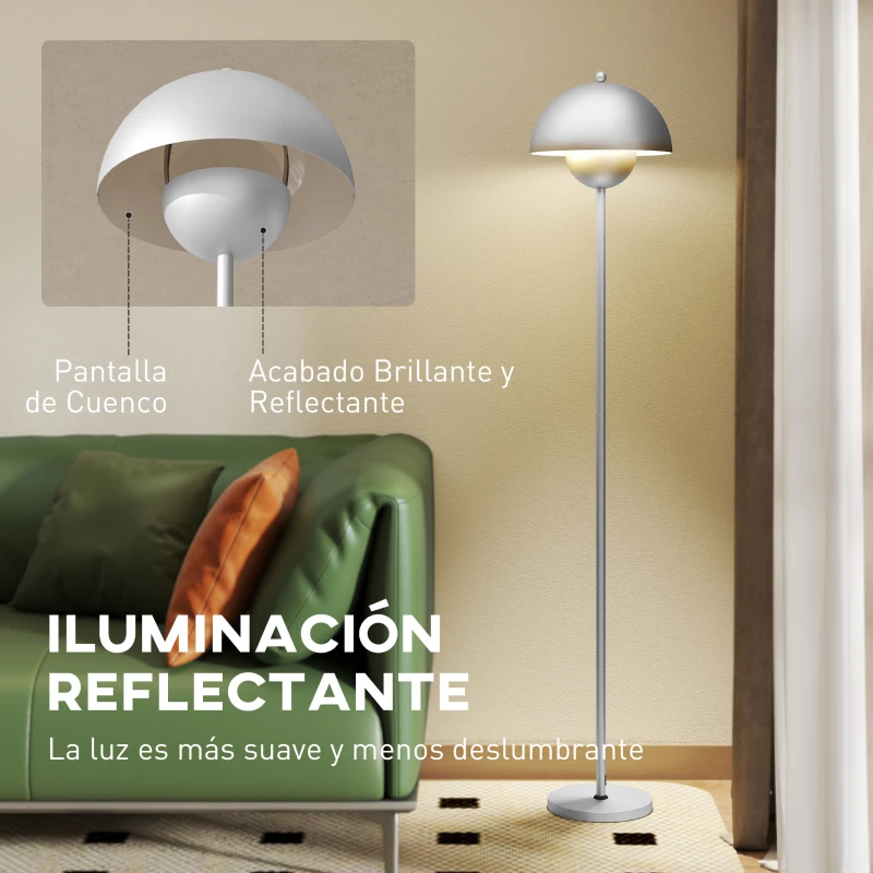 HOMCOM Lámpara de Pie para Salón Moderna con Pantalla de Cuenco Interruptor de Pie Casquillo E27 Sin Bombilla Ø30x155 cm Plata