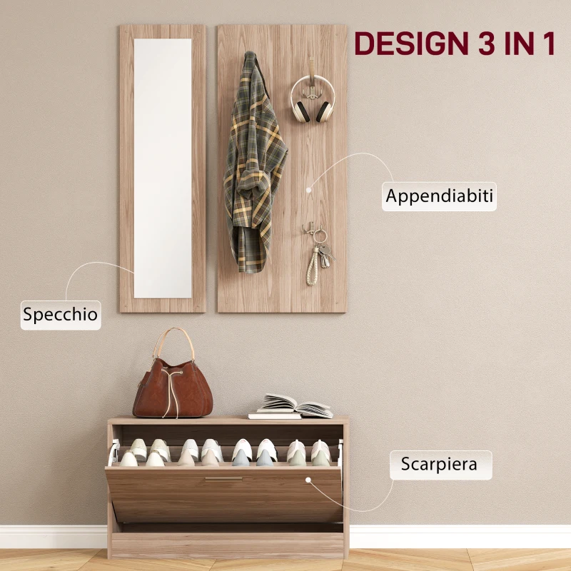 HOMCOM Set Mobili da Ingresso con Panca Scarpiera, Appendiabiti a Muro e Specchio, 80x27x46.5 cm, Marrone Scuro