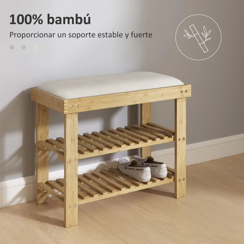 HOMCOM Banco Zapatero de Bambú con Cojín Zapatero de 2 Niveles para Entrada Pasillo o Dormitorio 60x29x49 cm Crema