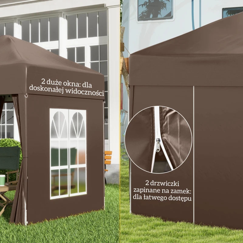 Outsunny Pawilon składany, Bierzelt, 4 zdejmowalne ściany boczne, 2 okna, Stalowa rama, 2 x 2m, Brązowy