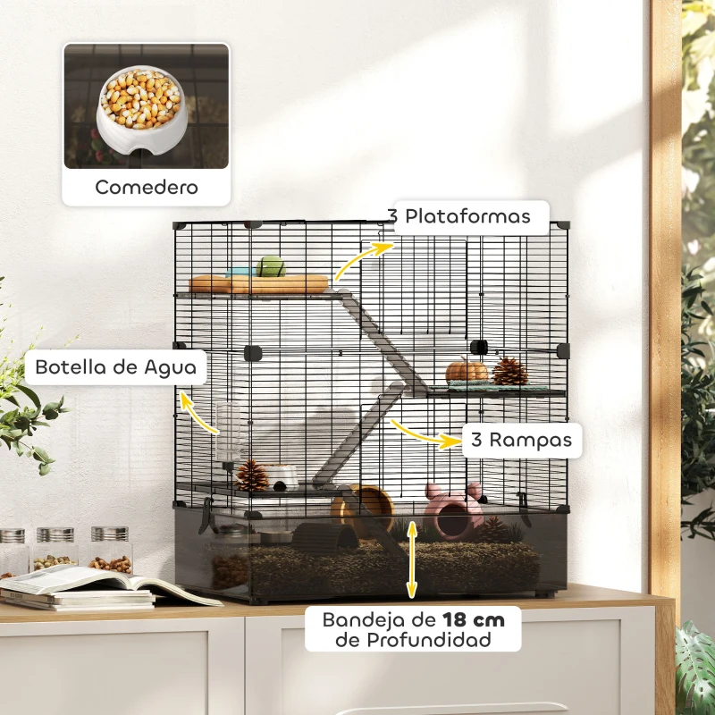 PawHut Jaula para Animales Pequeños con Múltiples Niveles Bandeja y Accesorios Incluidos 73x47x80 cm Negro